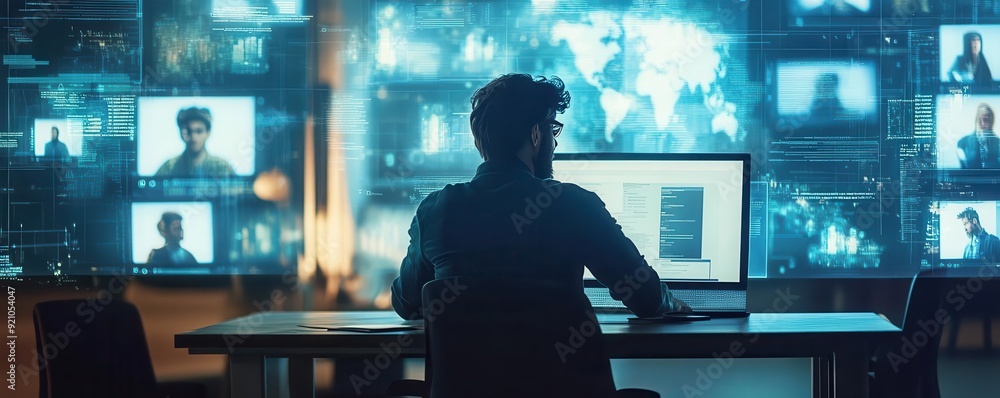 Poster a focused individual sits at a desk, surrounded by multiple screens displaying digital data and imag