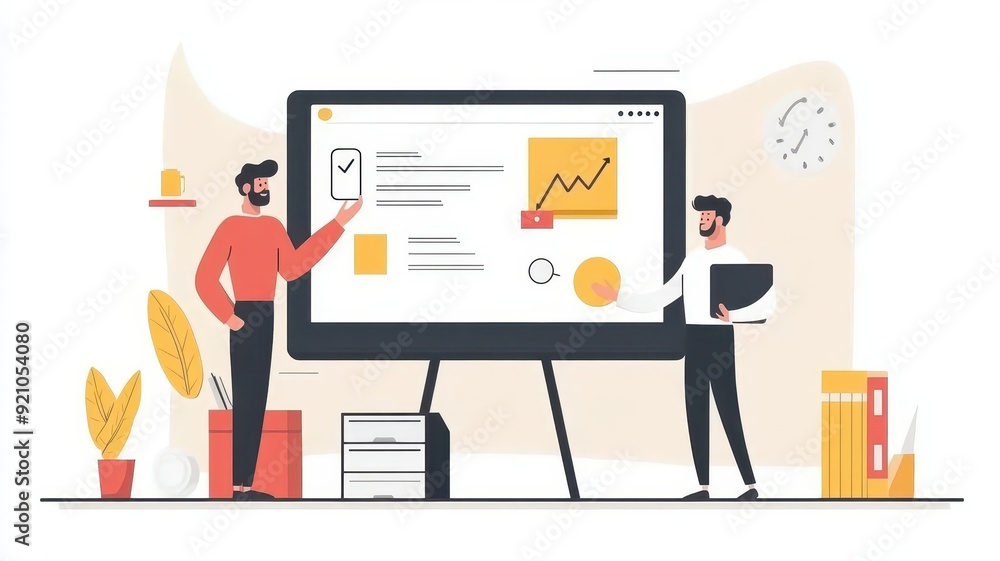 Poster business team analyzing data on a large screen, showcasing growth and planning with charts and graph