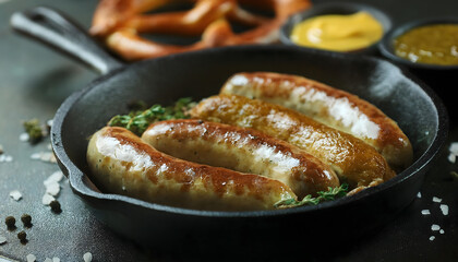Fototapeta premium bratwurst, würstchen, gebraten, pfanne, in, close up, essen, neu, bratwürste, wurste, brät, rosmarin, anlasser, photo, makro, feigling, fleisch, rind, mahl, holz, hölzern, board, kochen, ad, heiss, 3d