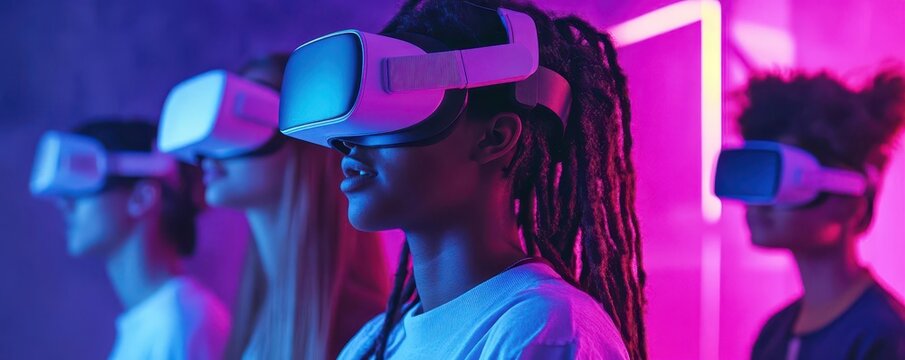 Diverse group of individuals experiencing virtual reality in an immersive, colorful environment with neon lighting.