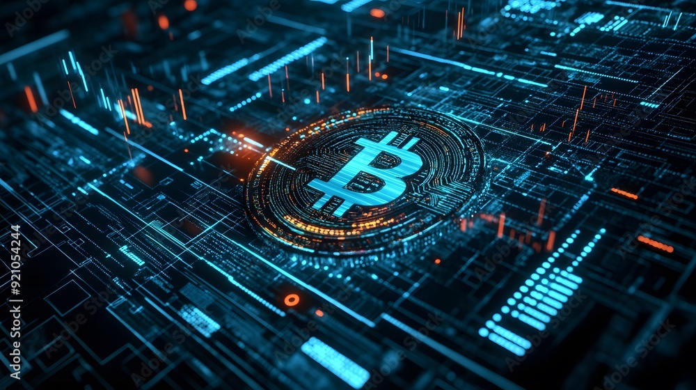 Wall mural 26. a futuristic digital interface showing real-time bitcoin transactions