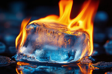 Close up of frozen ice cube with reflection on dark blue background.