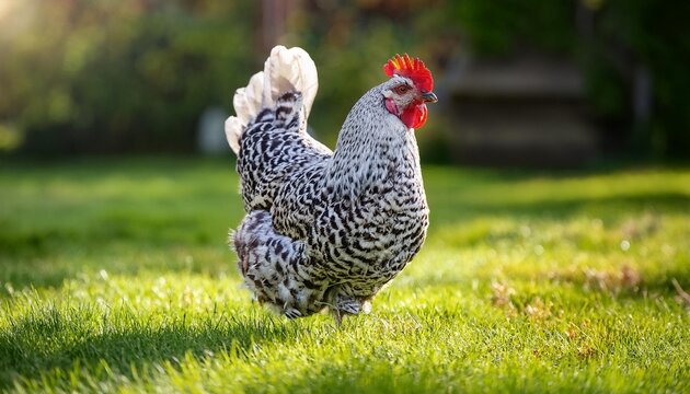 A silver-spotted Sussex hen searching for worms in the grass