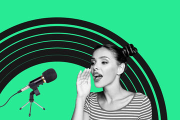 Composite photo collage of pretty girl talk mic device podcast speaker reportage presentation talk...