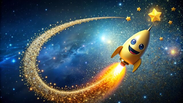 A 3D Rendered Smiley Face Emoji Rocket Embarking on a Cosmic Adventure  generative AI