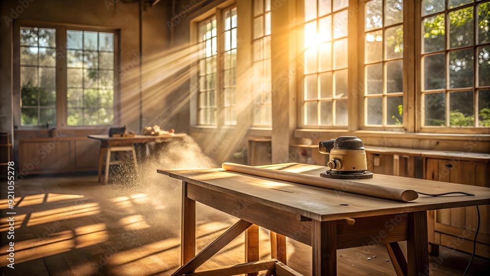 Poster a glimpse into the heart of craft: sanding a table in golden light ai generated