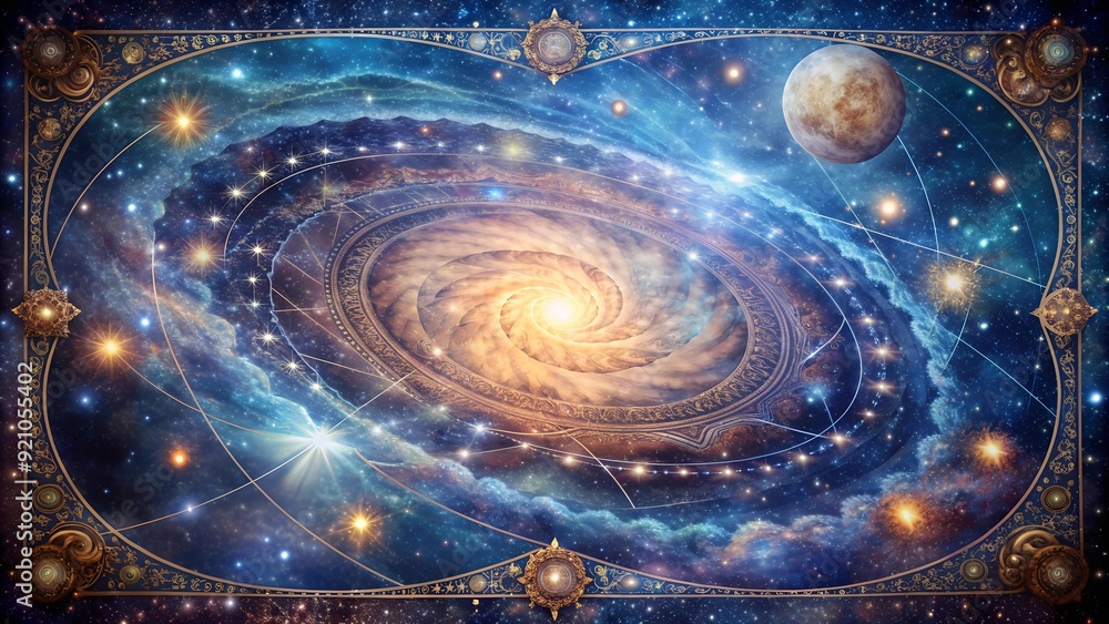 Poster a double exposure of starry night and a celestial map generative ai