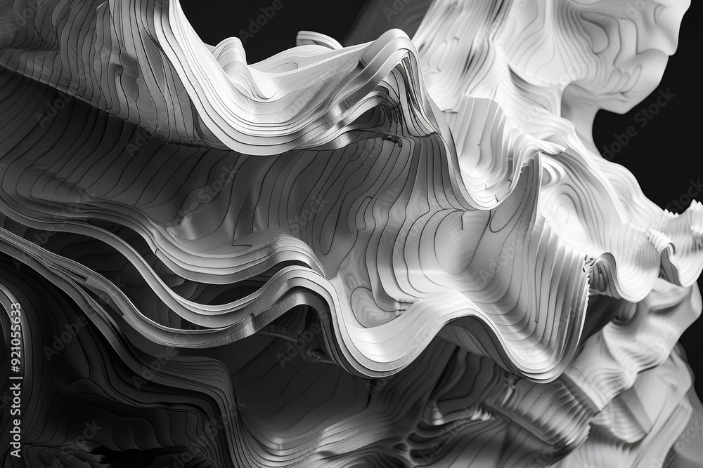 Poster a captivating abstract swirl in black and white, showcasing a blend of contrasting colors in a fluid