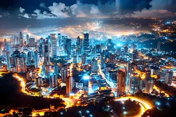 Obraz premium Night Cityscape With Skyscrapers and Traffic Lights.