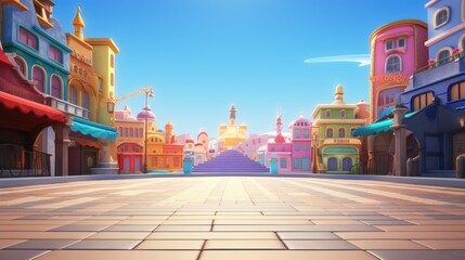 A cartoon city street with brightly colored buildings and a wide, open cobblestone pathway leading to a central square.