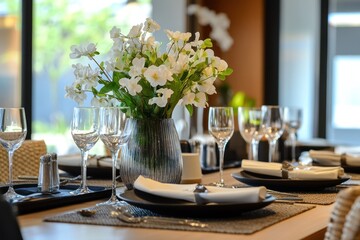 Elegant Table Setting with White Flowers and Glassware