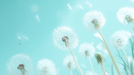 Dandelion fluff background for aesthetic minimalism style background. light blue , pastel color wallpaper with elegant and light flying fluffs. Fragile and lightweight