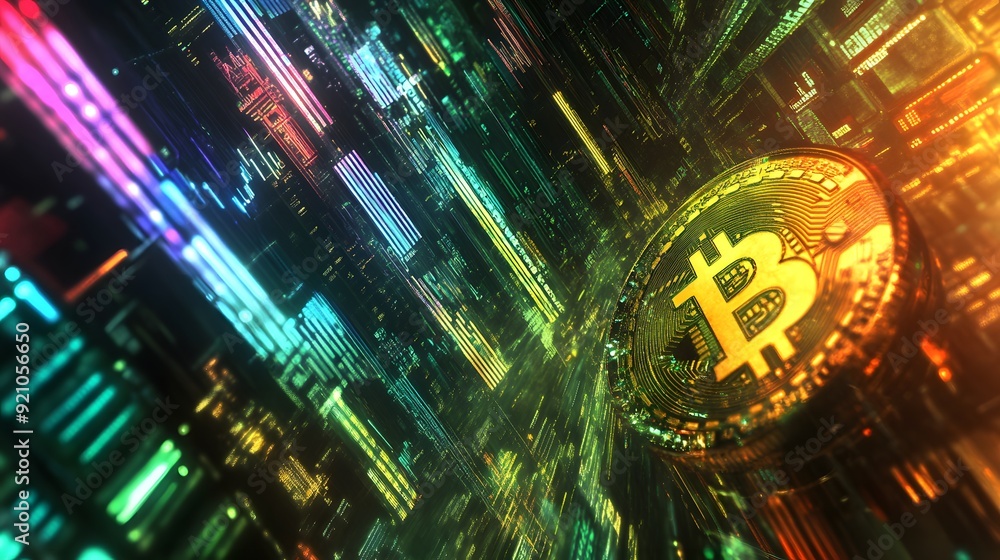 Poster 37. a vibrant image of bitcoin as a digital asset in a virtual space