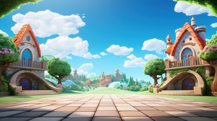 A cobblestone path leads between two cartoon-style houses with a view of a colorful castle and rolling hills under a sunny sky.