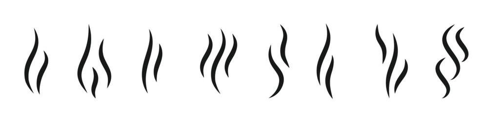 Aromas wavy icons set. Black silhouette steam, symbol smell smoking or stench. Simple template odour coffee or tea, perfume scent. Sign heat water or hot smoke. Isolated on white vector illustration
