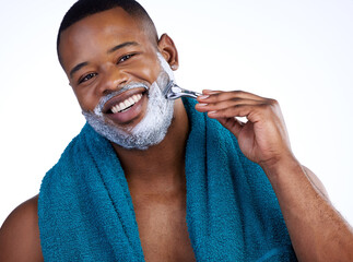 Black man, portrait and shaving foam in studio for skincare, grooming and razor for hair removal...