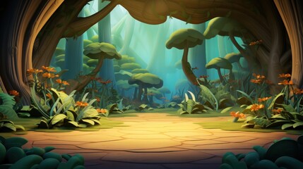 Obraz premium A magical forest path lined with large mushrooms and flowers.