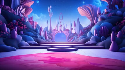 A magical landscape with a pink pool and a platform in front of a fantasy city under a starry sky.
