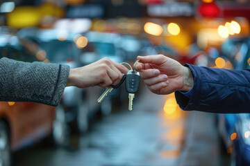 A car dealership consultant hands over the keys to a new luxury car to a customer after closing a deal, symbolizing the achievement and pride of owning an expensive automobile.