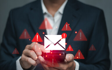Alert Email inbox and spam virus with warning caution for notification on internet letter security protect, junk and trash mail and compromised information..