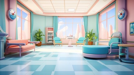 Fototapeta premium A pastel-colored room with a hospital bed, couch, and two chairs. The room has a light blue floor with a geometric pattern, large windows, and a light blue ceiling with pink trim.