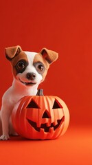 A dog is standing next to a pumpkin on a red background. The dog is smiling and looking at the camera