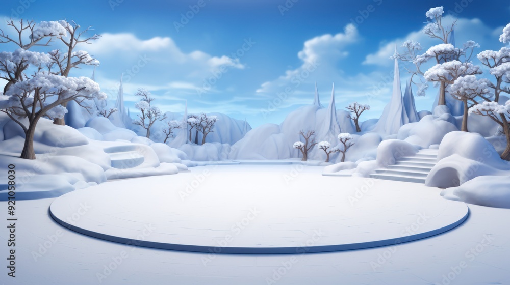 Poster a snowy winter scene with a circular platform in the middle and snow-covered trees and mountains sur