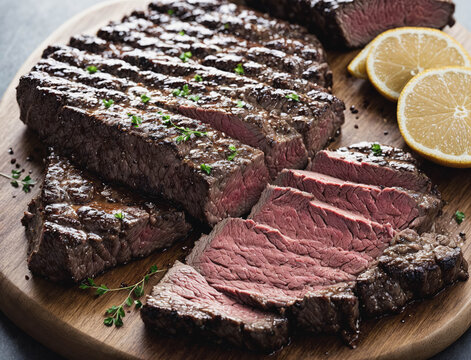 A piece of meat is cut into slices and is served with lemon wedges - Powered by Adobe