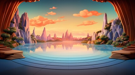 A surreal landscape with a calm lake, rocky mountains, lush trees, and a curved, stepped platform in the foreground.