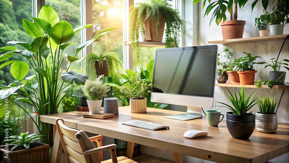 Poster immerse yourself in nature's embrace: an eco-friendly workspace with a mock-up desktop computer gene