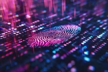 An intricate fingerprint stands out against a backdrop of cascading binary code, radiating vibrant colors and showcasing the fusion of identity and technology.