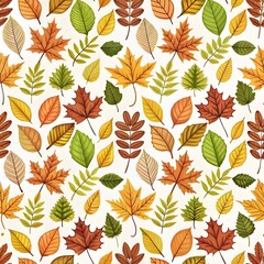 Fototapeta premium Fall seamless pattern with autumn leaves, berries, and acorns in trendy style. Maple, oak, and rowan leaf background for fabric, wallpaper