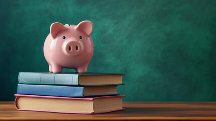 Pink Piggy Bank on Top of Stacked Books with Green Chalkboard Background, Representing Education, Savings, and Financial Planning Concepts for Students in a School or College Setting