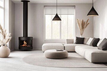 Modern Living Room with a Fireplace, Sofa, and Round Rug