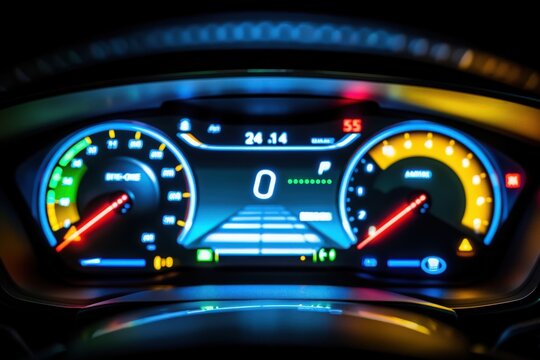 A sleek electric car dashboard glows with holographic indicators, showcasing speed and battery levels in a mesmerizing display.