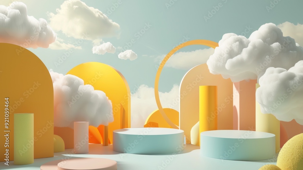 Poster abstract minimalist 3d render of a product display stand with clouds and geometric shapes.