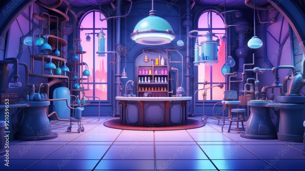 Poster an empty futuristic laboratory with a large circular counter and a neon purple glow.