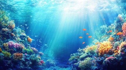 Underwater Scene with Sunbeams Illuminating Coral Reef and Fish