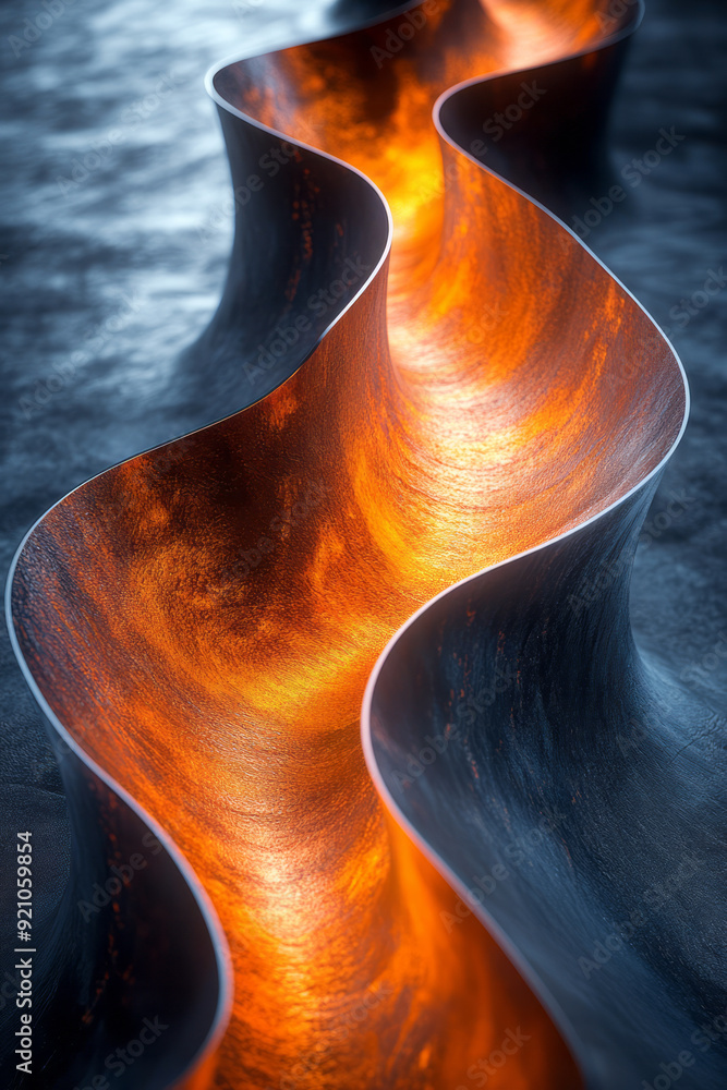 Poster a flowing, curved line that winds through a series of abstract, geometric shapes, creating a dynamic