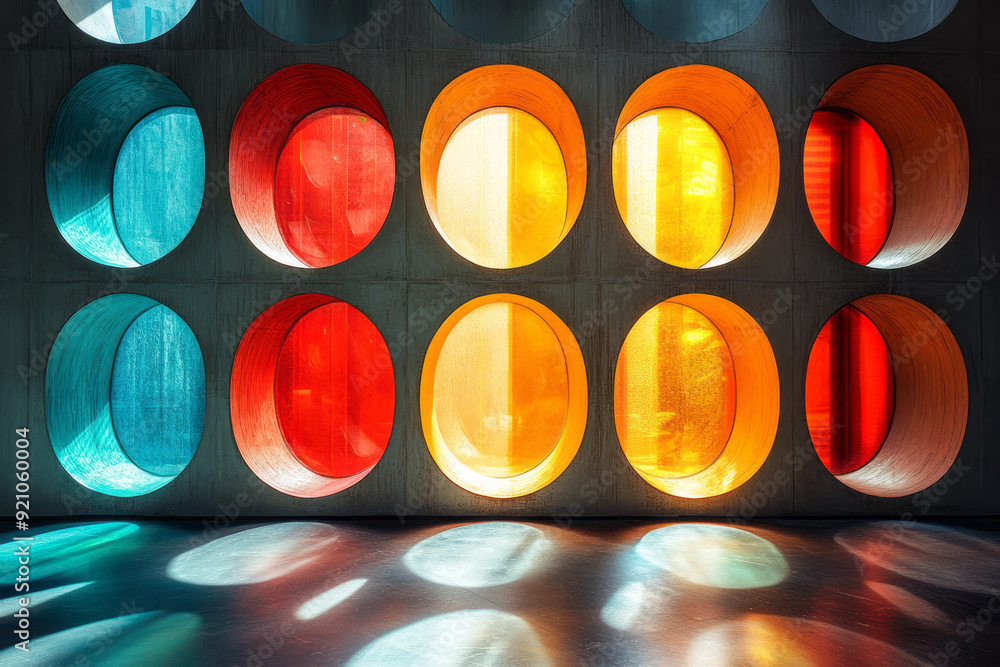 Poster organic splashes of color set against a backdrop of precise, minimalist geometric patterns,