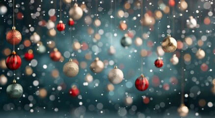 Sparkling Holiday Ornaments Hanging Against a Blurred Blue Background in Winter Season