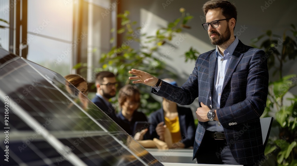 Wall mural Businessman providing a consultation on solar panels for a team of coworkers or customers during a meeting in the office. Discussing renewable energy and benefits of solar technology