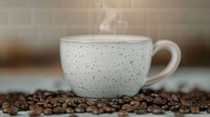 Steaming Coffee Cup Surrounded by Freshly Roasted Beans in Cozy Setting