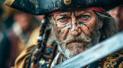 A man with a beard and mustache is wearing a pirate costume and holding a sword. He has a serious expression on his face