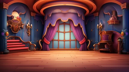 Cartoon room interior with wood floors, red carpet stairs, purple curtains, and a window.