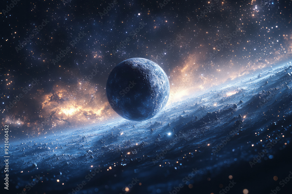 Poster a 3d space scene with a planet and asteroid belt in the foreground, set against a backdrop of distan