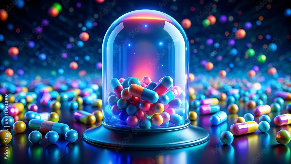 Poster a close-up view of a futuristic capsule encasing holographic data streams, surrounded by other pills
