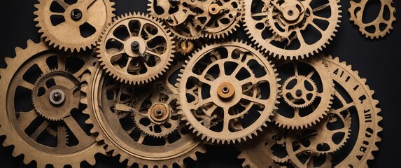 An intricate arrangement of wooden gears showcasing craftsmanship and vintage mechanical design, perfect for engineering and creativity concepts.