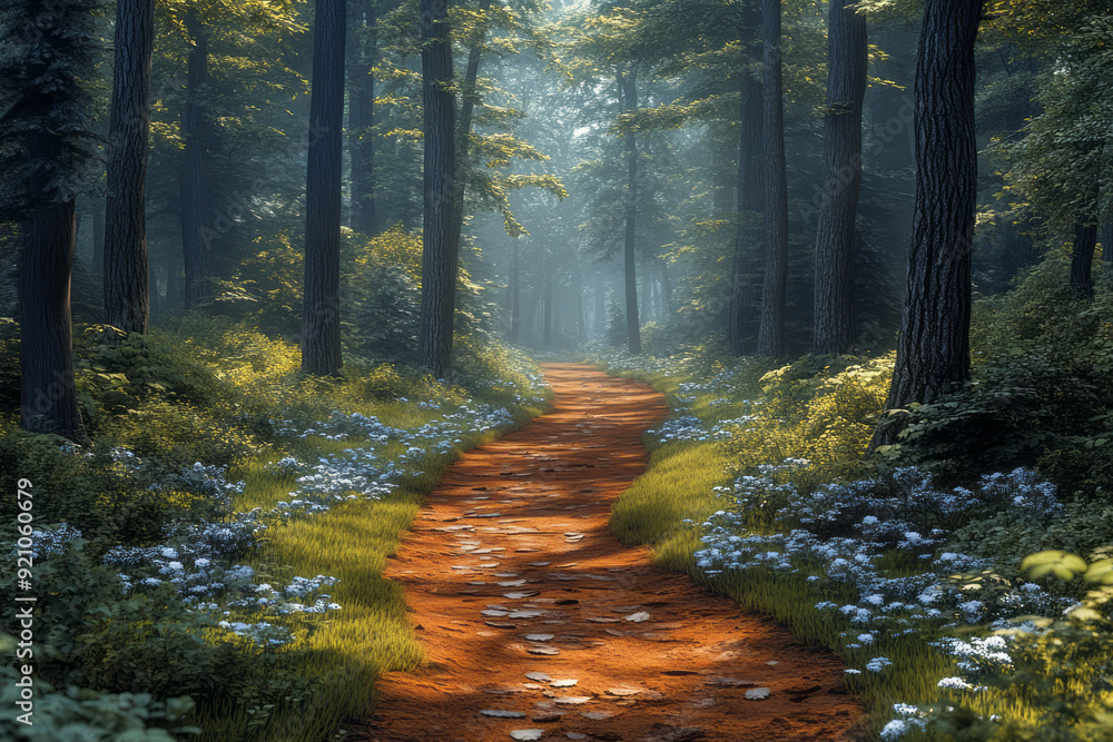 Poster a 3d forest path with detailed textures on the trees and ground, leading the viewer deeper into the 