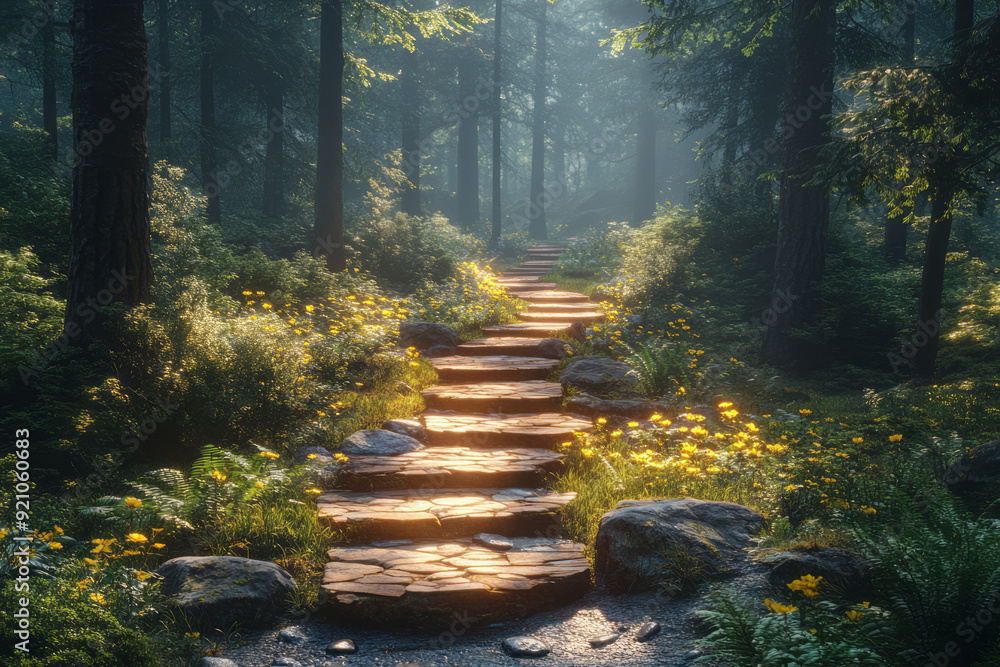 Poster a 3d forest path with detailed textures on the trees and ground, leading the viewer deeper into the 